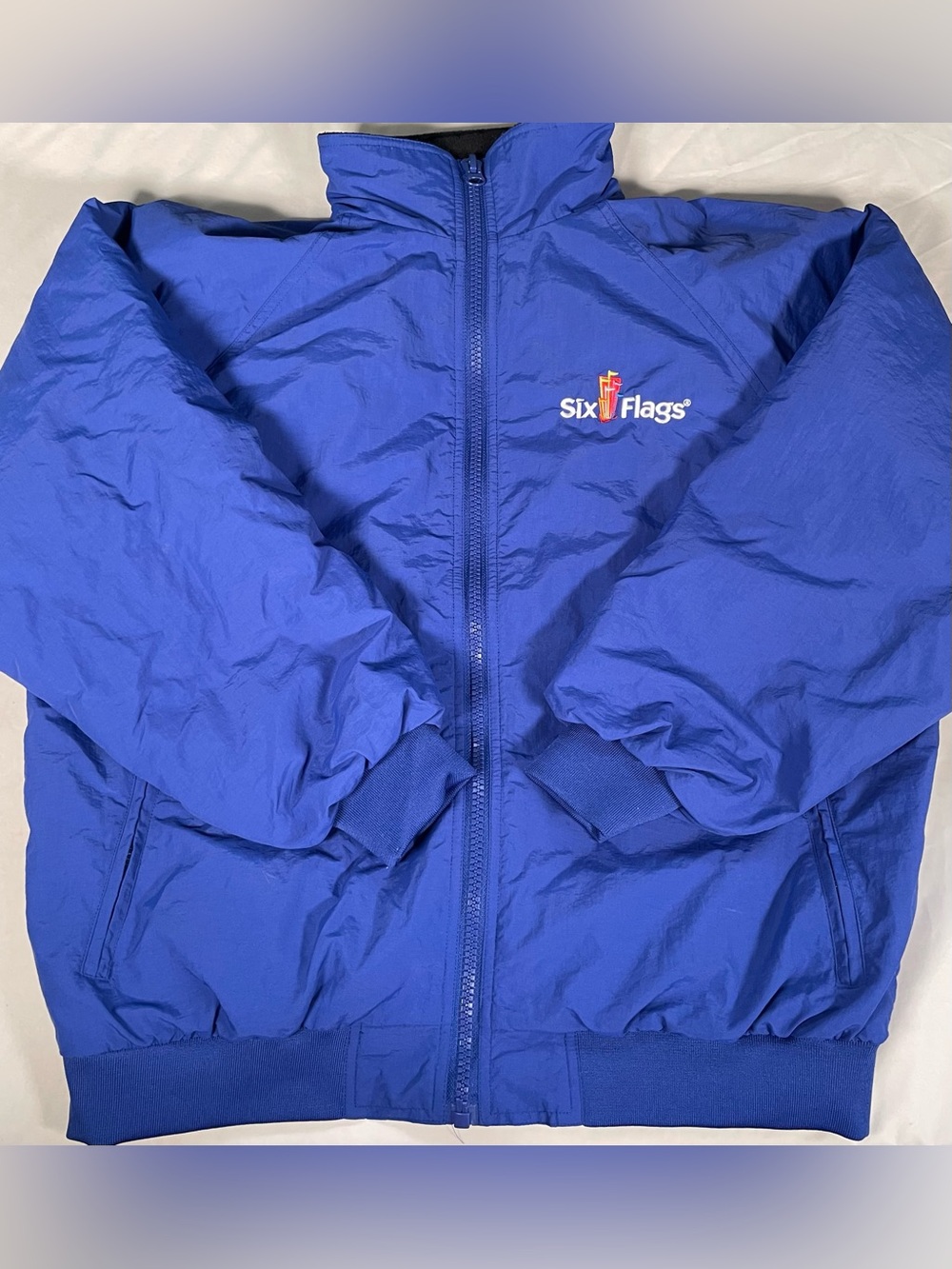 Six Flags Vintage 90s Windbreaker Jacket Full Zip Hooded, Blue, Medium Gorpcore